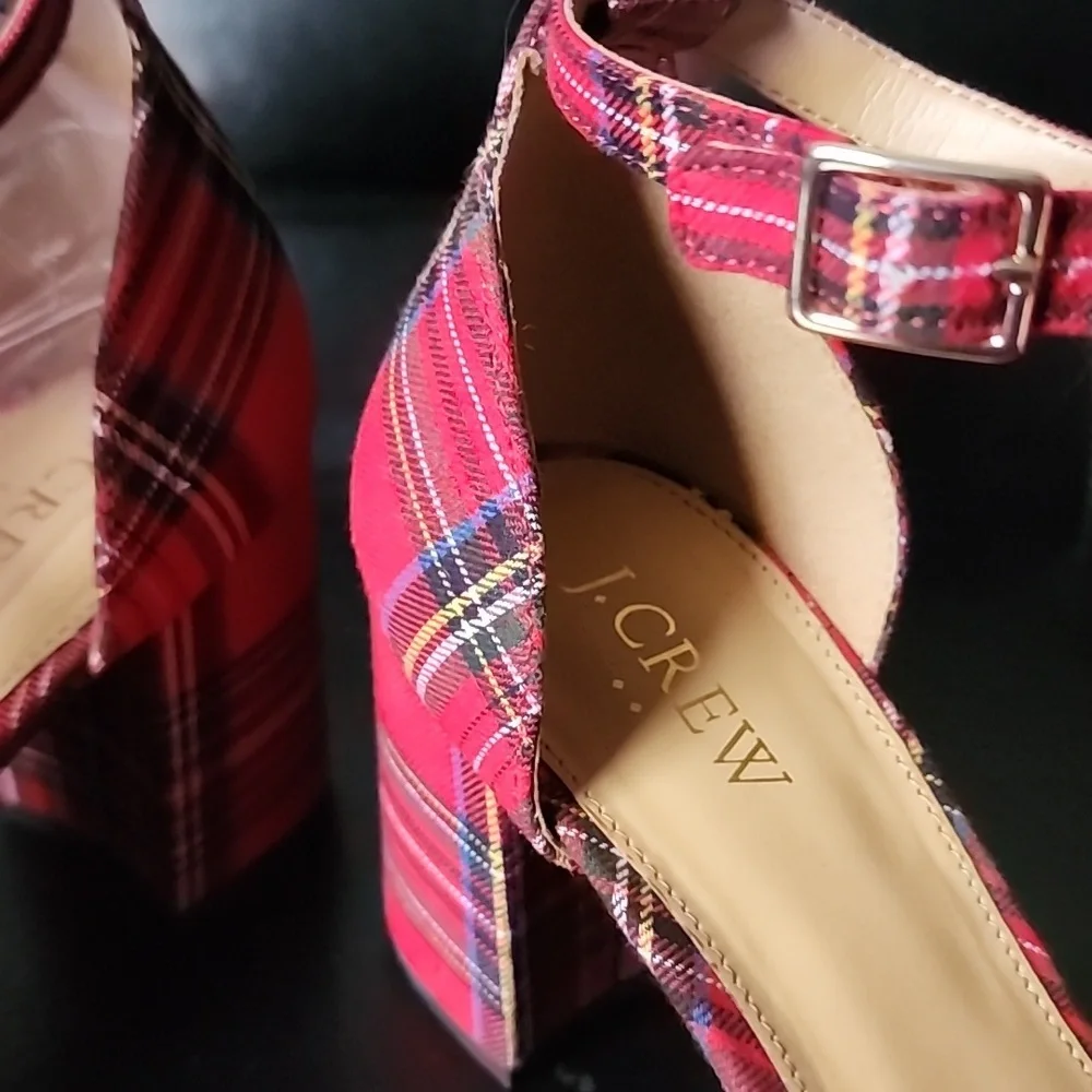 J. Crew Factory Tartan Plaid Ankle-Strap Block Heels Red Holiday Pumps Size 9.5 - Picture 5 of 9